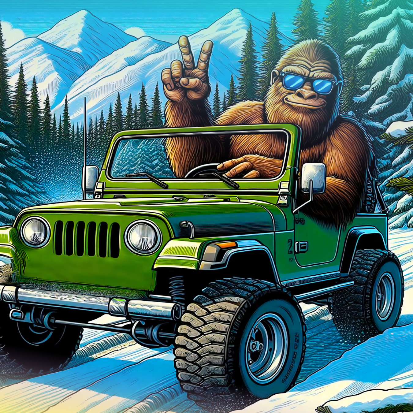 Bigfoot in sunglasses drives a green Jeep on a snowy mountain road.