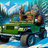 Bigfoot in sunglasses drives a green Jeep on a snowy mountain road.