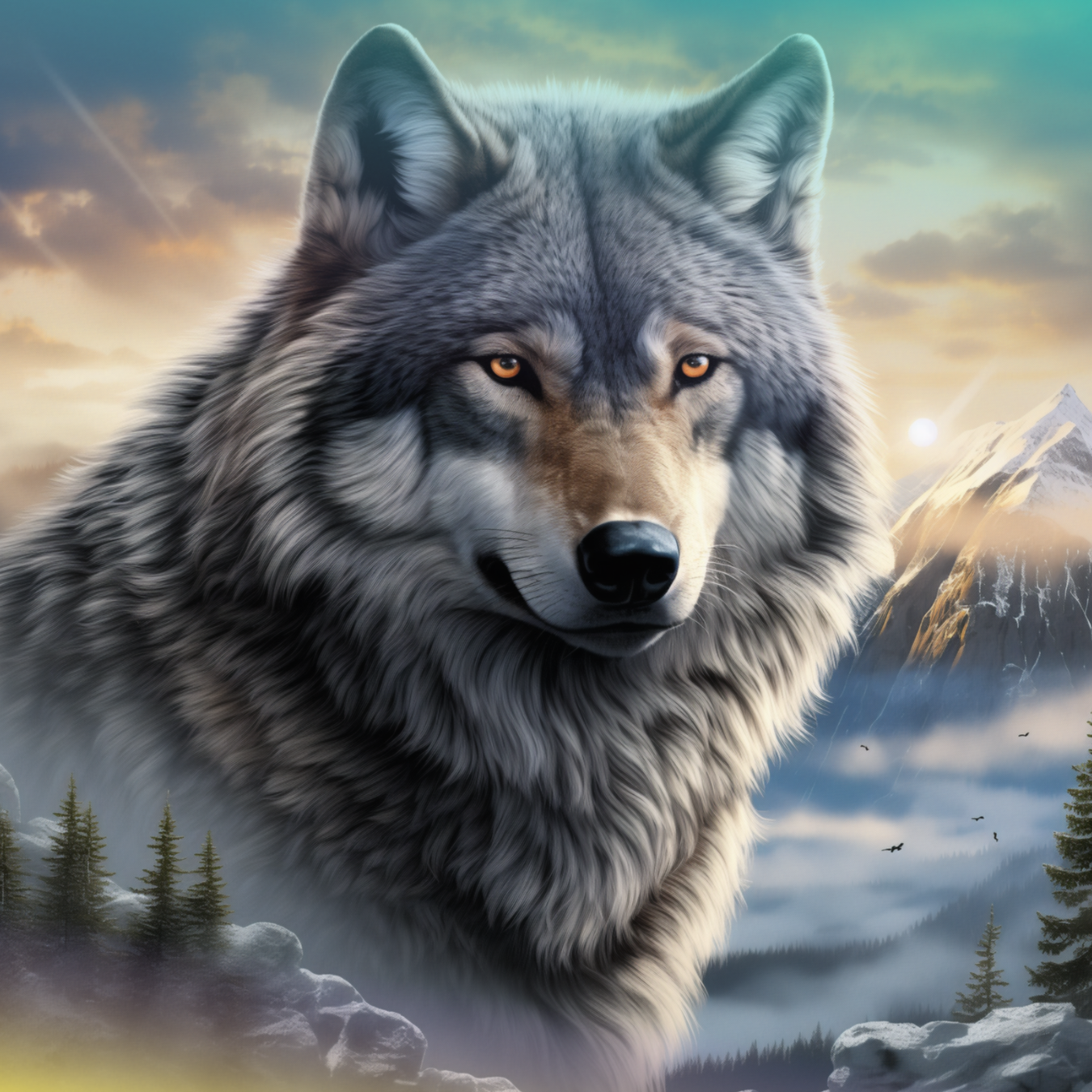 Close-up portrait of a gray wolf with bright eyes, mountains and forest in background.