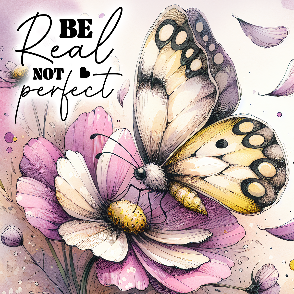 Butterfly on a pink and white flower with "Be Real Not Perfect" text.