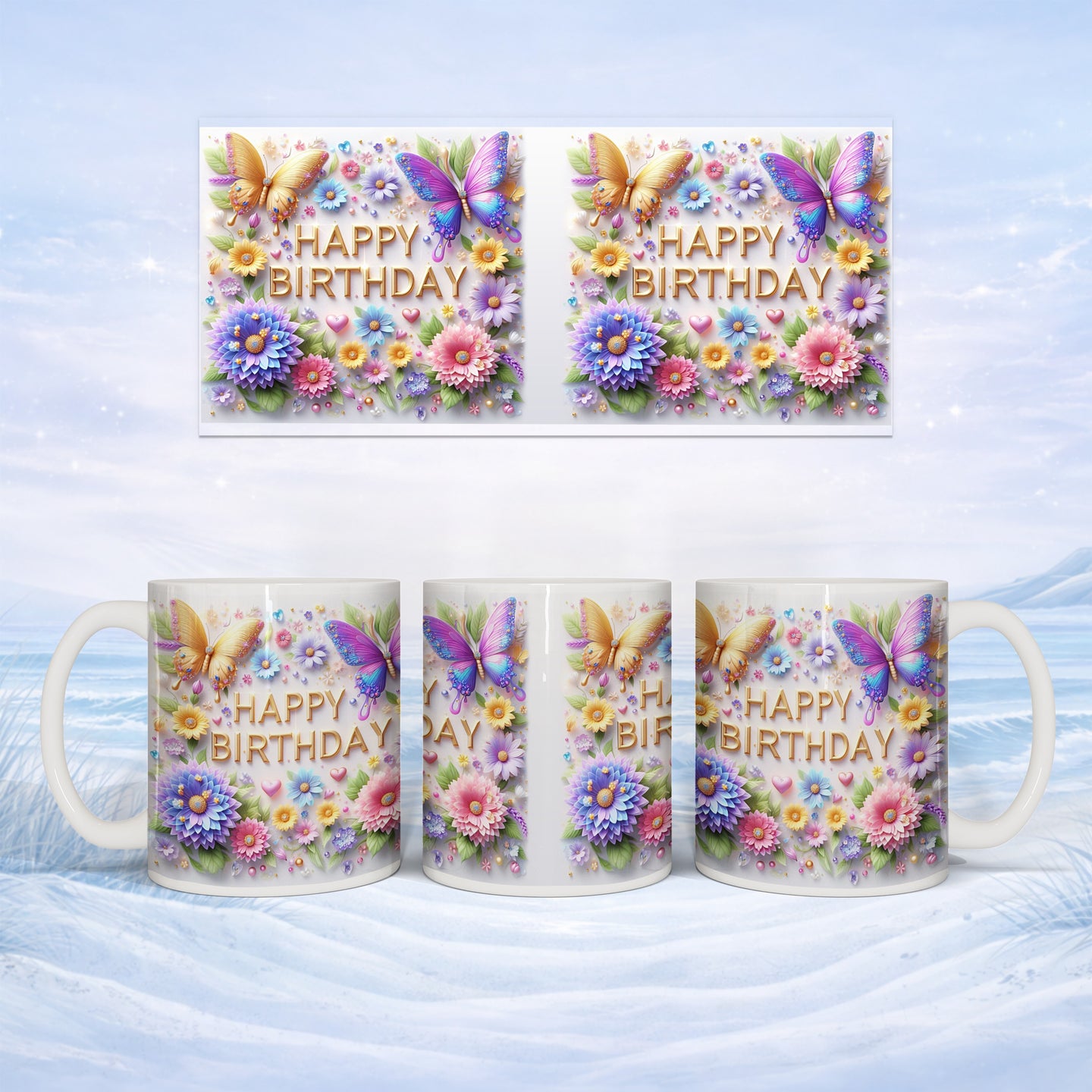Mug with "Happy Birthday" text and colorful floral and butterfly design.