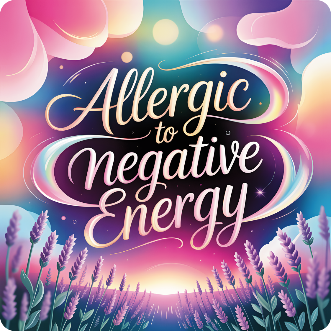 Allergic to Negative Energy text with lavender field and colorful sky.