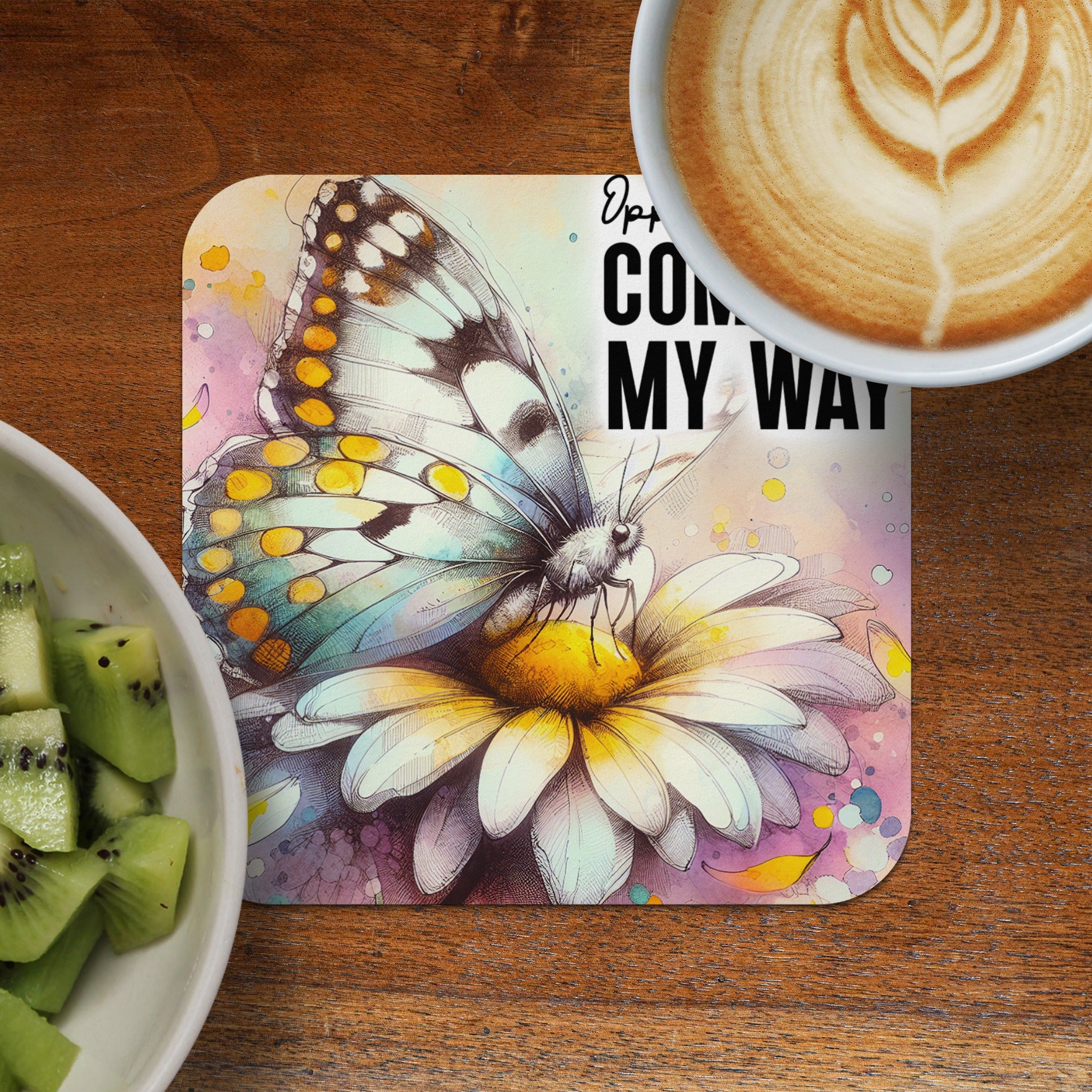 Close-up of a butterfly on a daisy with watercolor background and text.