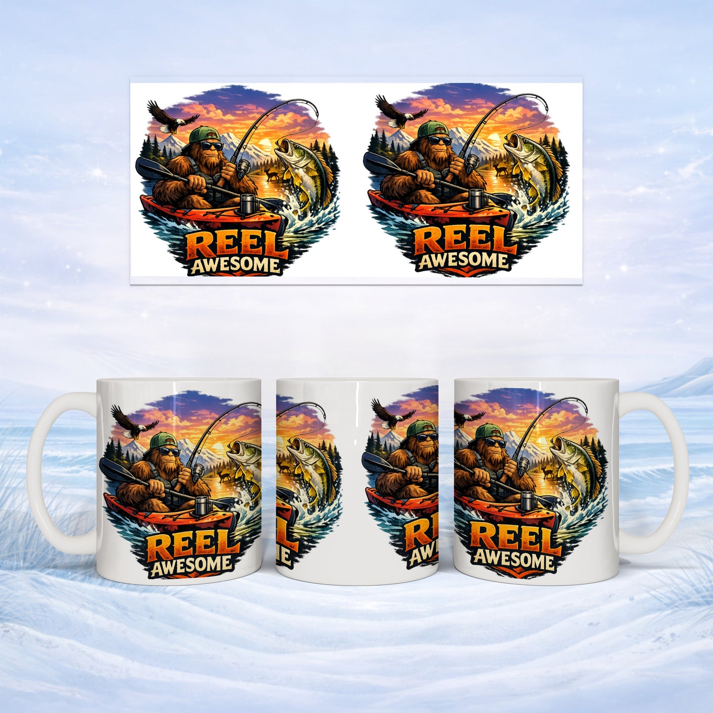 Bigfoot fishing from a boat, catching a fish, with text "REEL AWESOME".