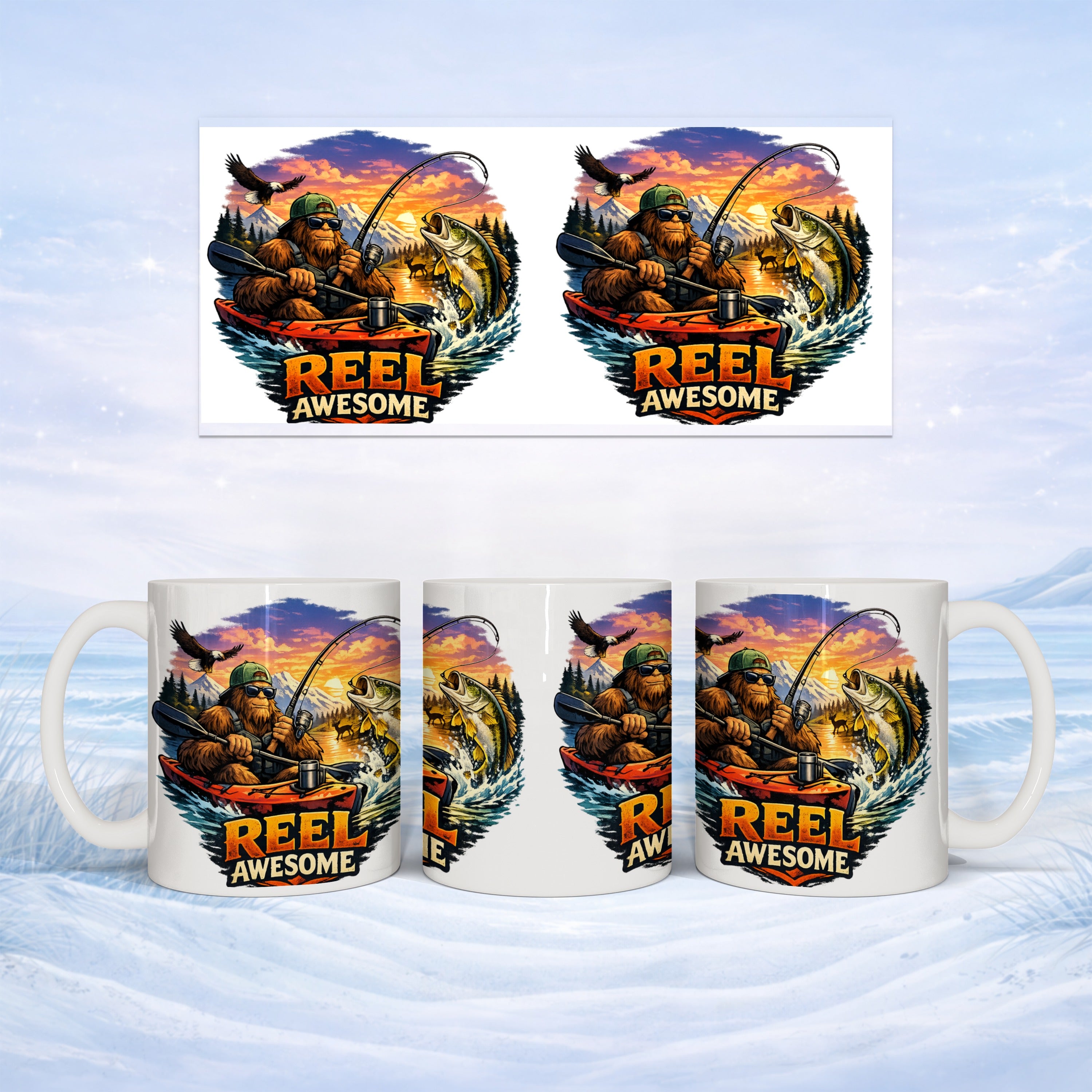 Bigfoot fishing from a boat, catching a fish, with text "REEL AWESOME".