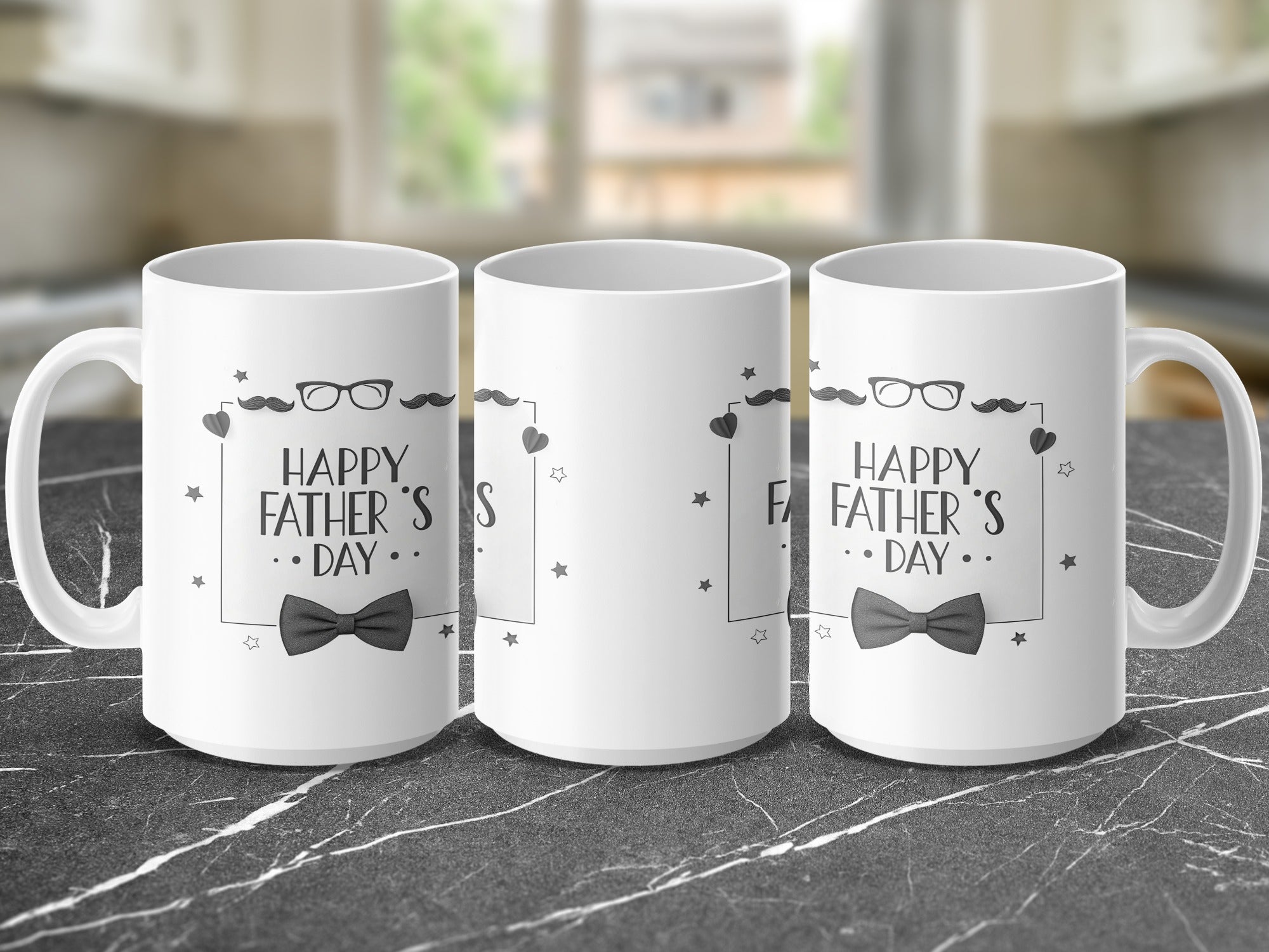 Three white mugs with "Happy Father's Day" text and bowtie graphic.