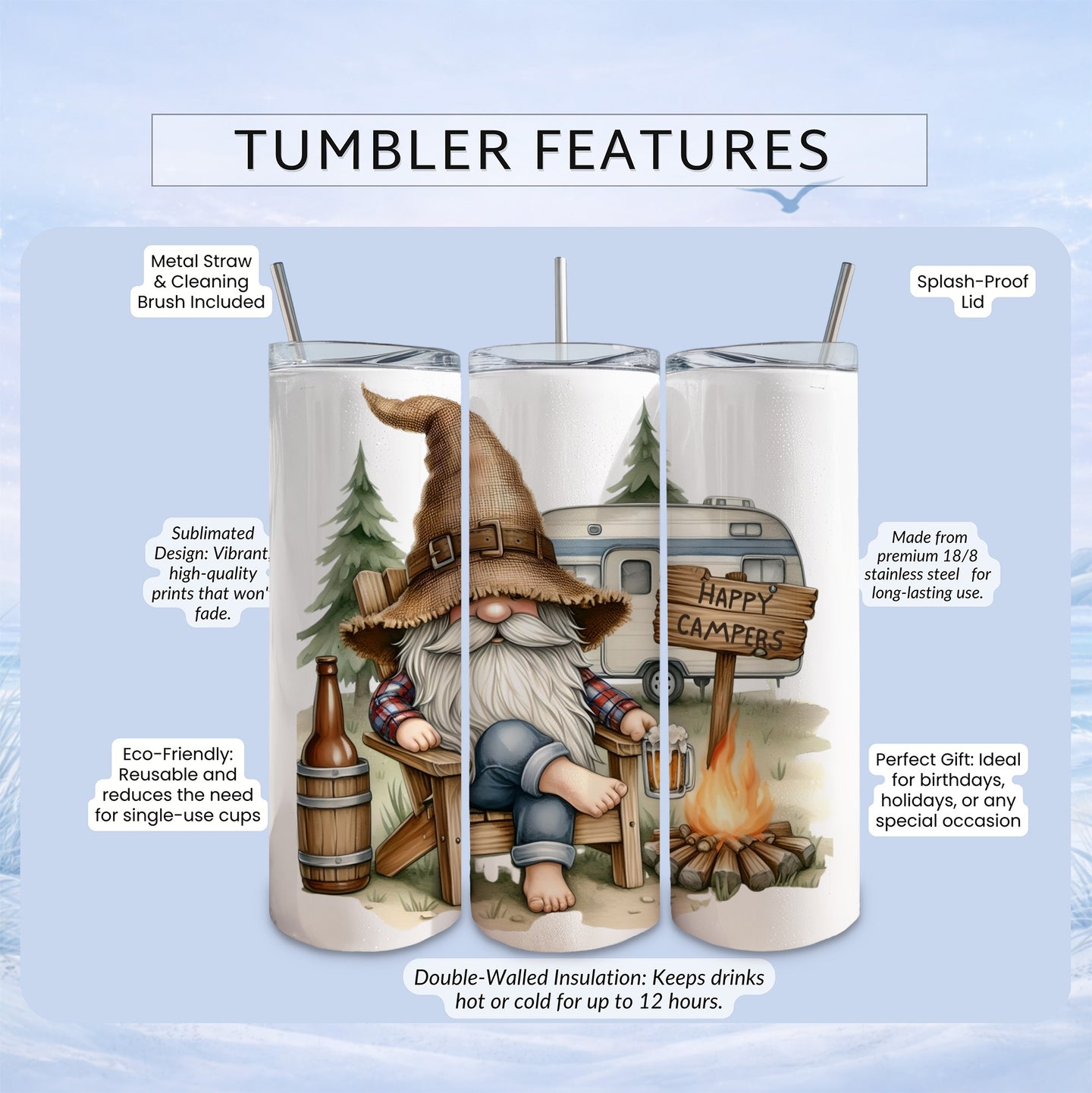 Tumbler with gnome, camper, and "Happy Campers" text, detailing features.
