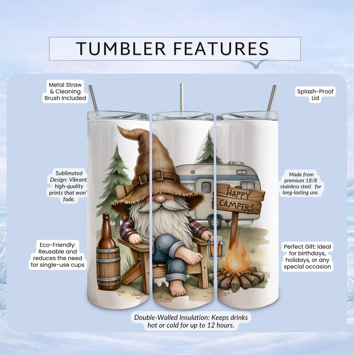 Tumbler with gnome, camper, and "Happy Campers" text, detailing features.