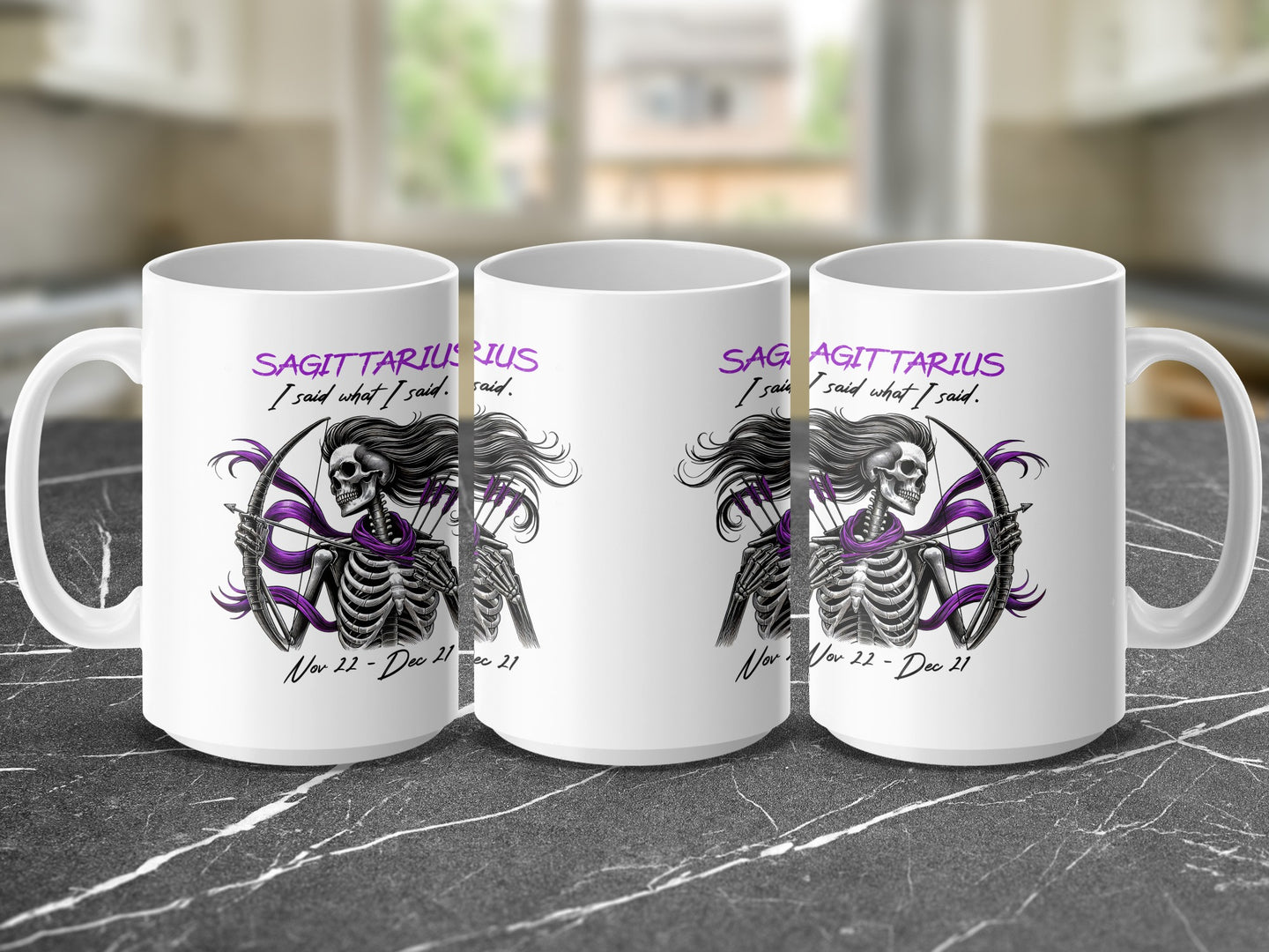 Three white mugs featuring a Sagittarius skeleton archer design with astrological dates.