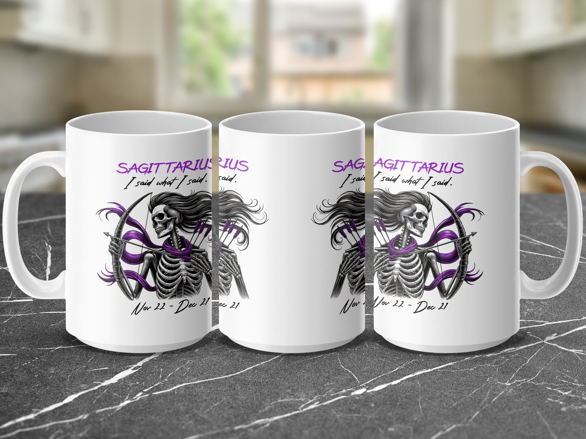 Three white mugs featuring a Sagittarius skeleton archer design with astrological dates.