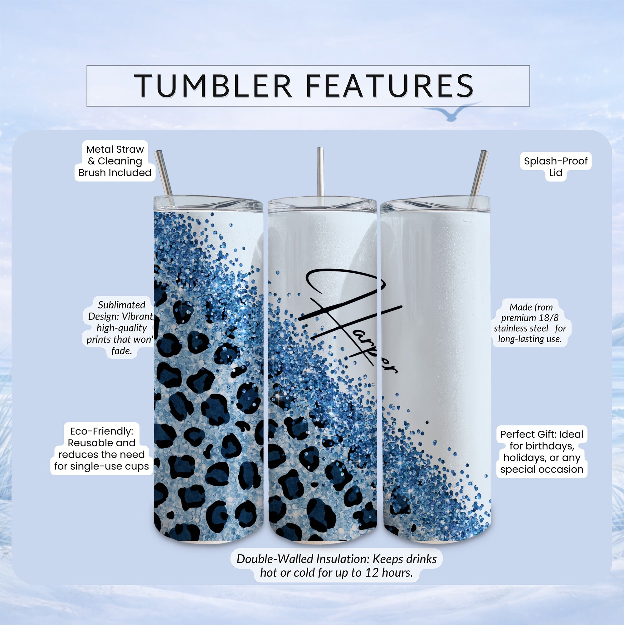 Tumbler with leopard print and glitter design, featuring sublimation and eco-friendly features.