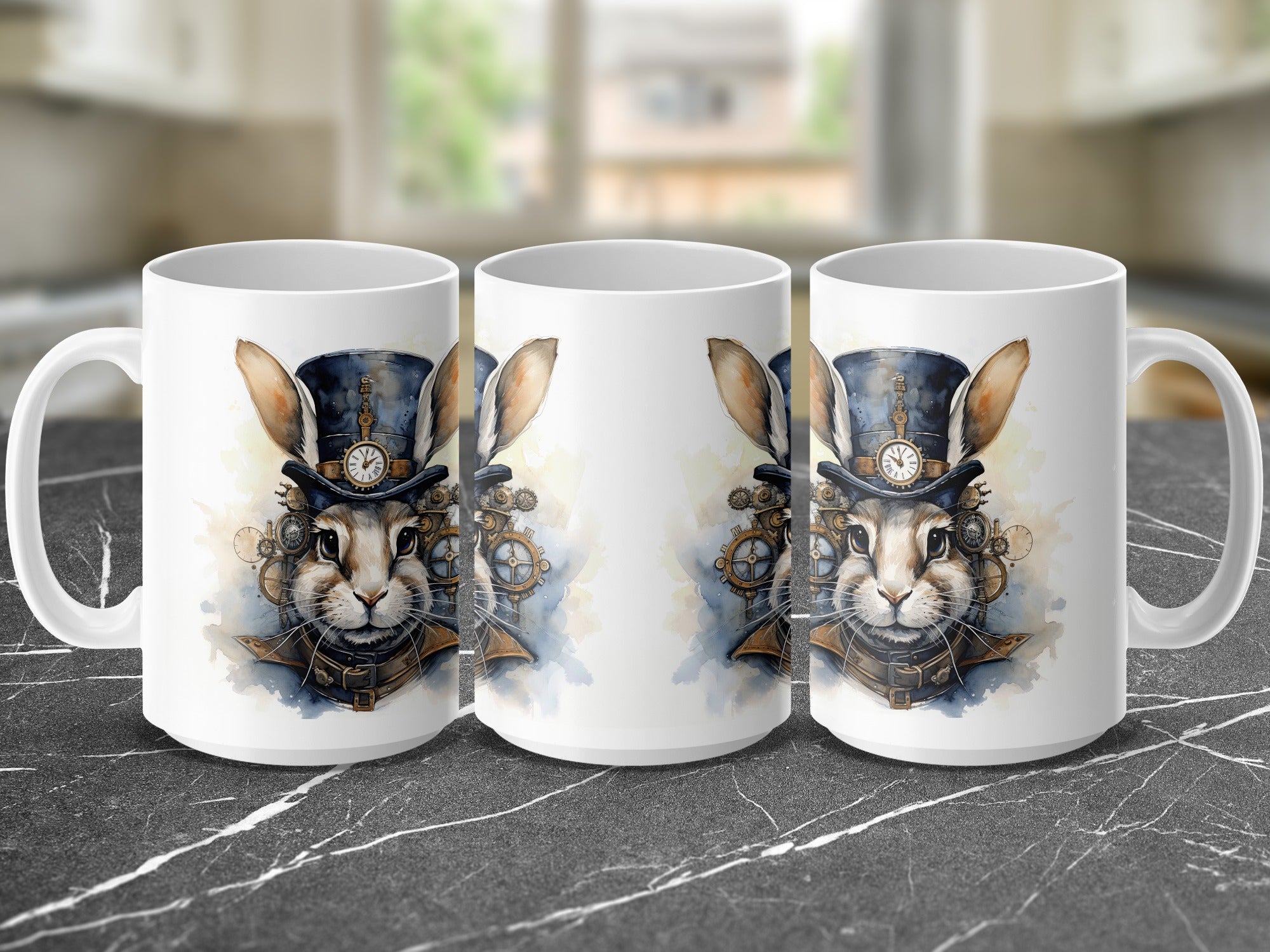 Steampunk rabbit in top hat on three mugs.