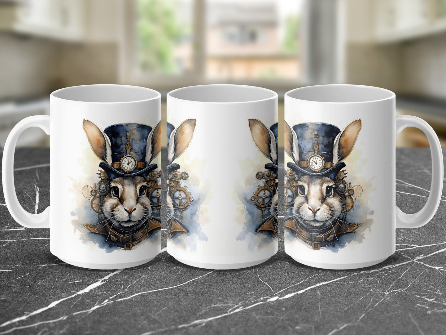 Steampunk rabbit in top hat on three mugs.