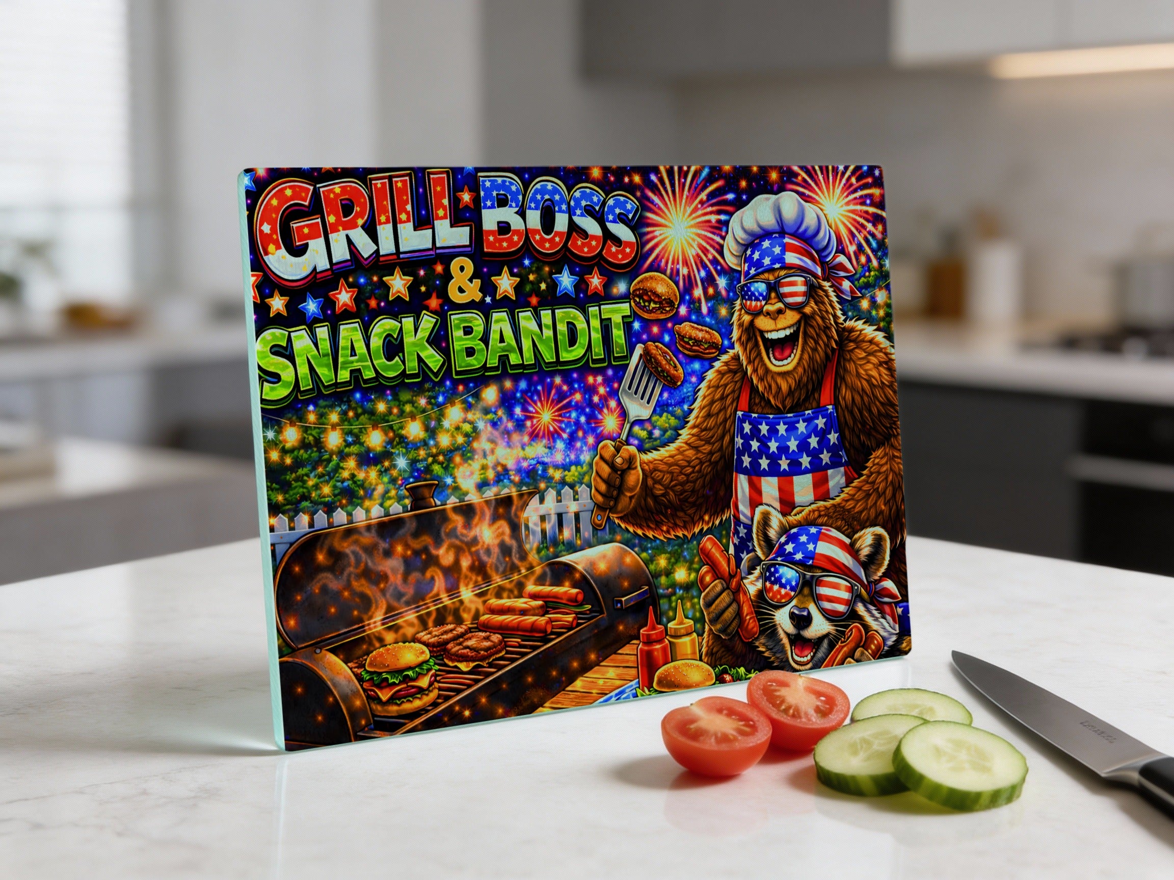 Grill Boss Snack Bandit graphic on tempered glass cutting board with burgers and grill.