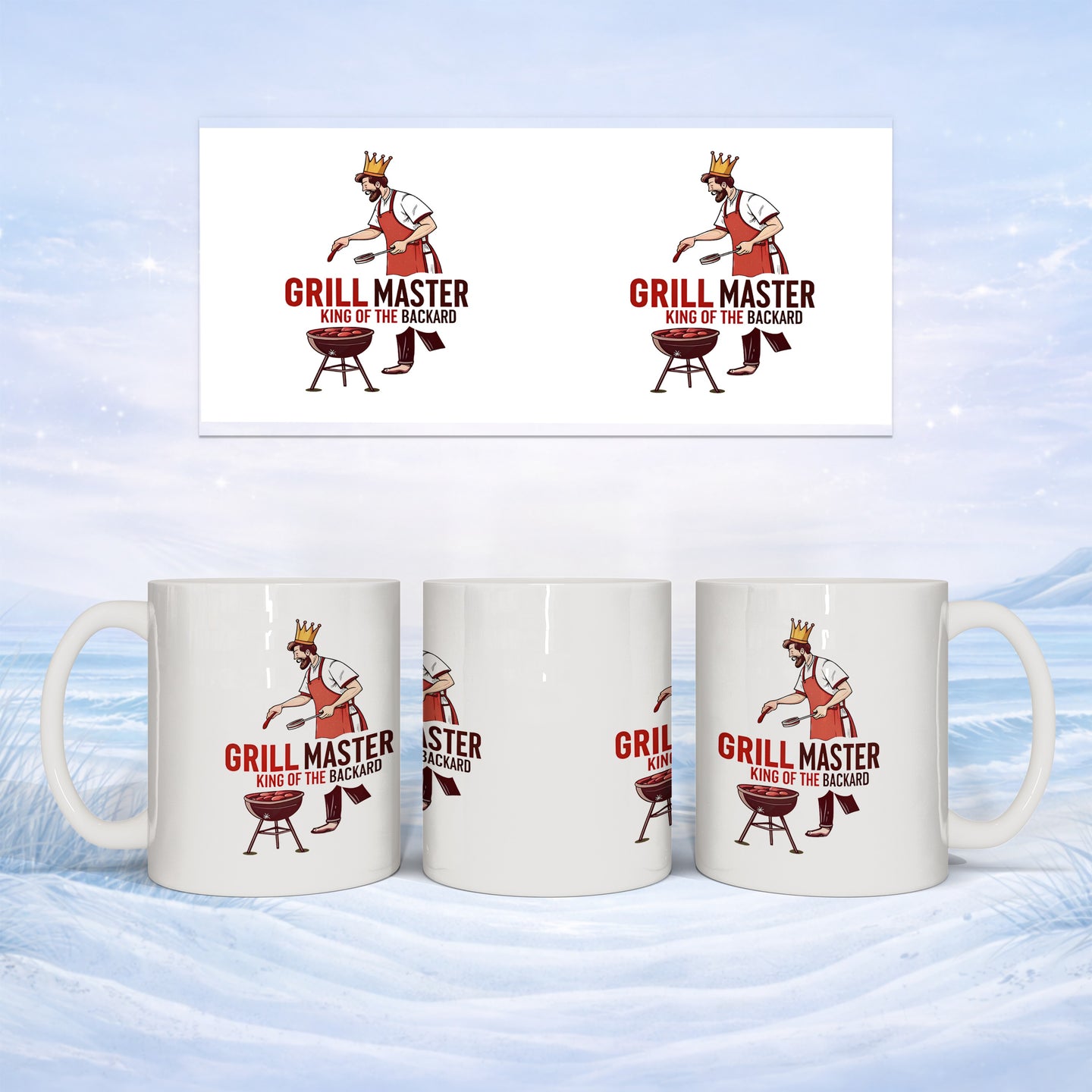 White mug with "Grill Master King of the Backyard" logo and king illustration.