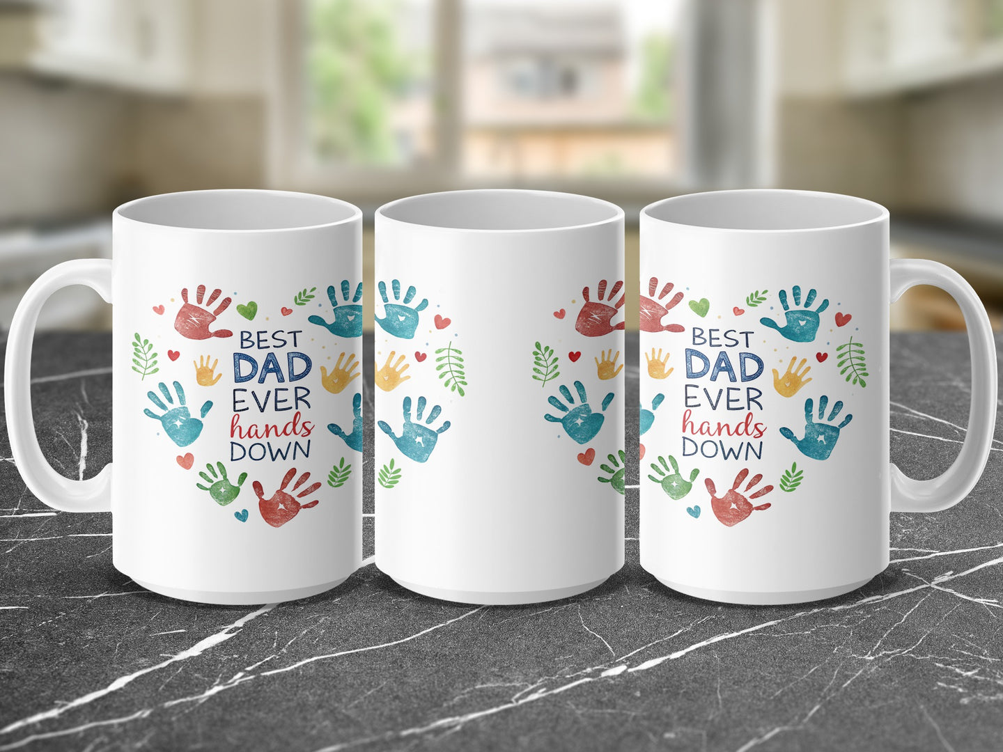 Three mugs featuring "Best Dad Ever" text and colorful handprint heart designs.
