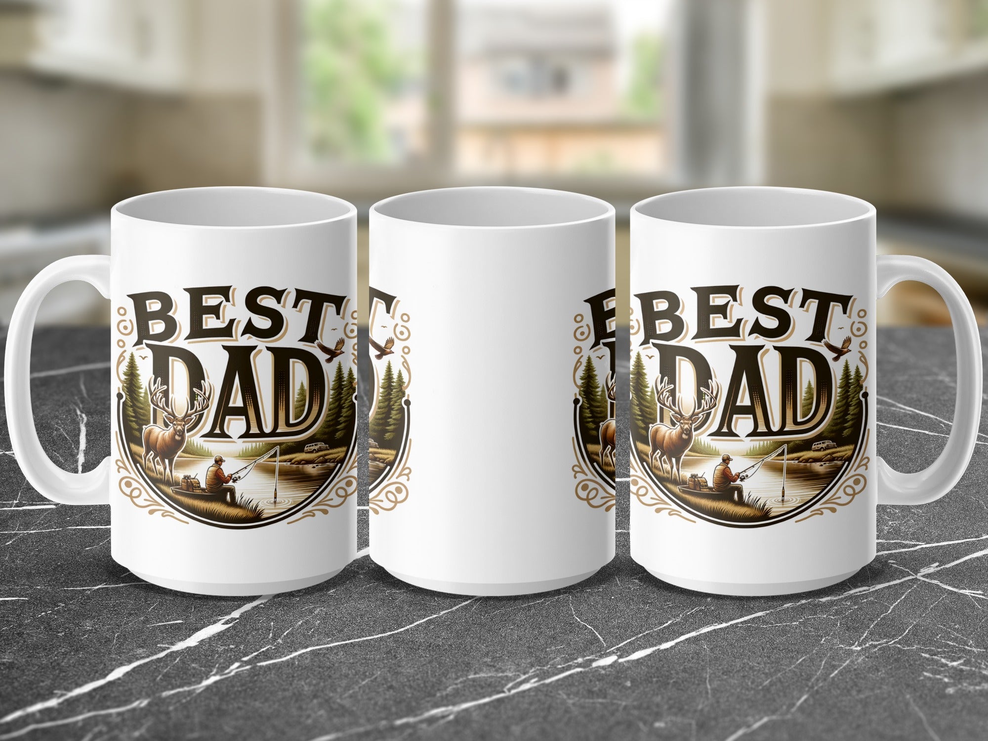 White ceramic mug with "Best Dad" text and a fishing scene.