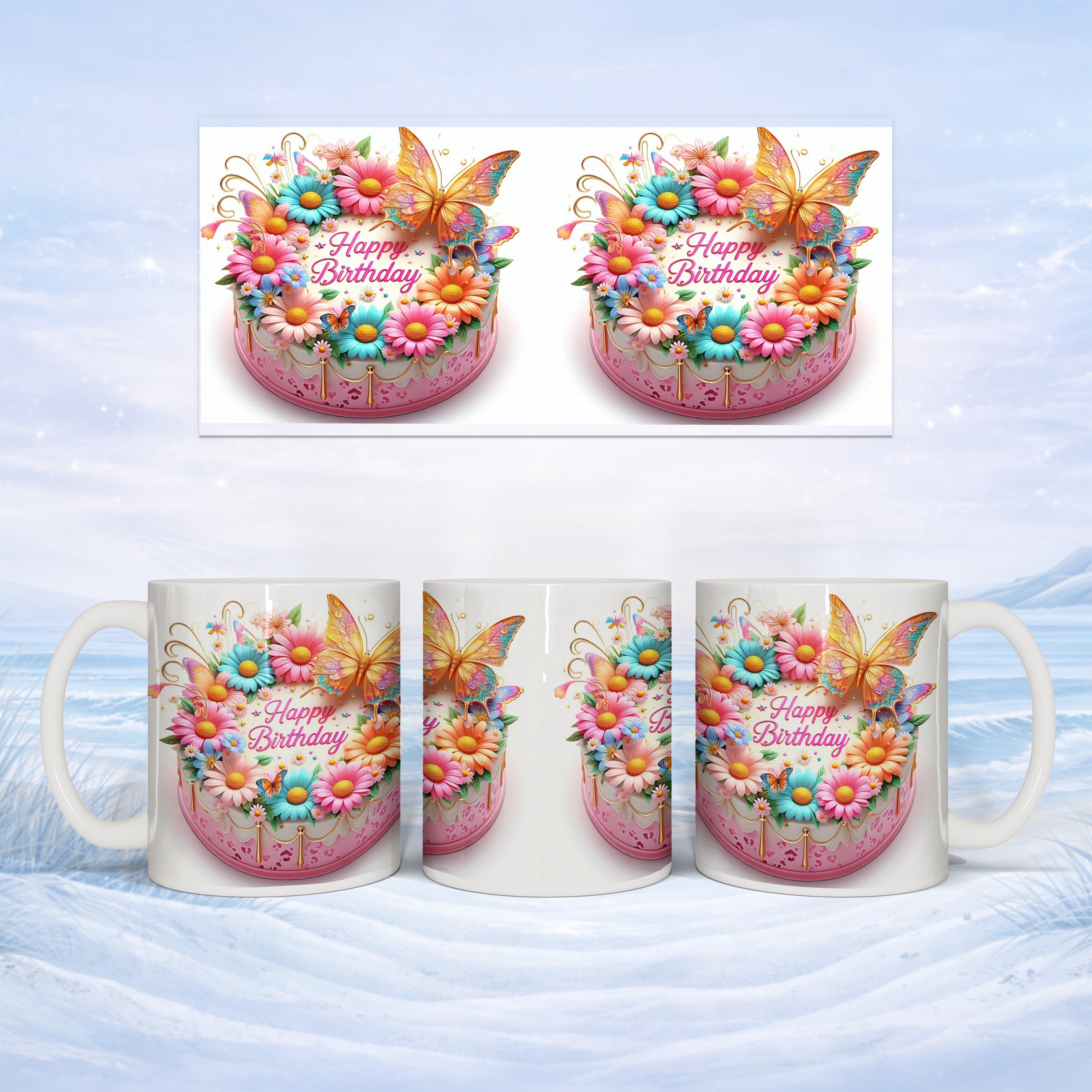 Pink birthday cake and mug with floral and butterfly decoration, "Happy Birthday".