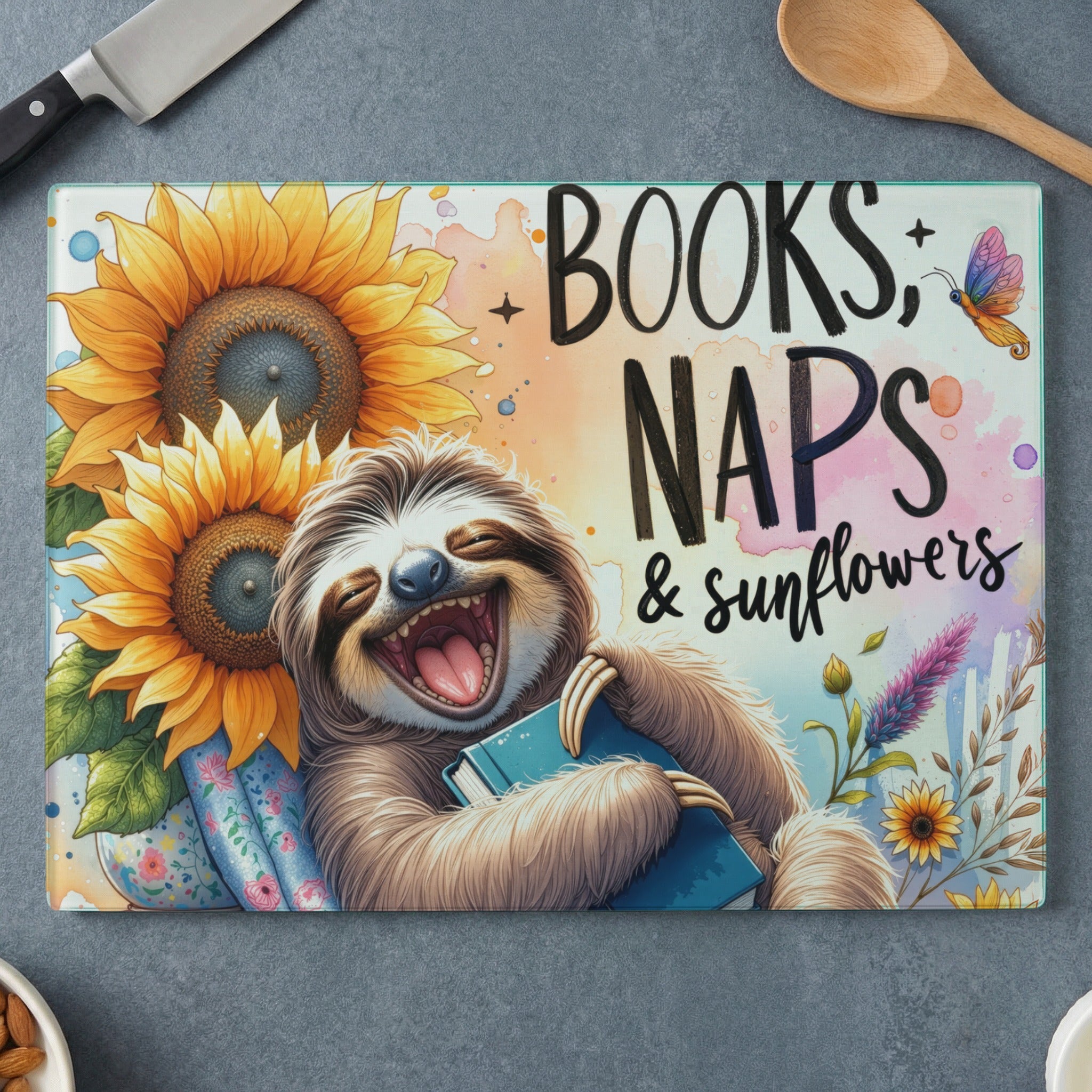 Sloth hugging book with sunflowers and "Books, Naps & Sunflowers" text.