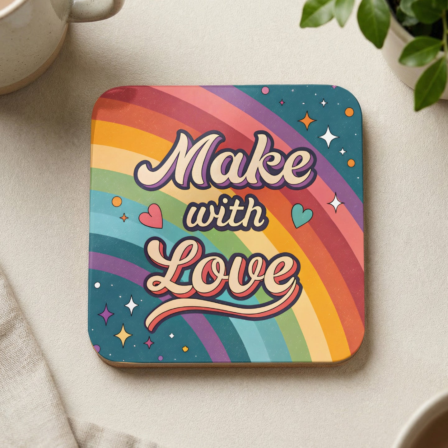 Retro coaster with rainbow and "Make with Love" text.