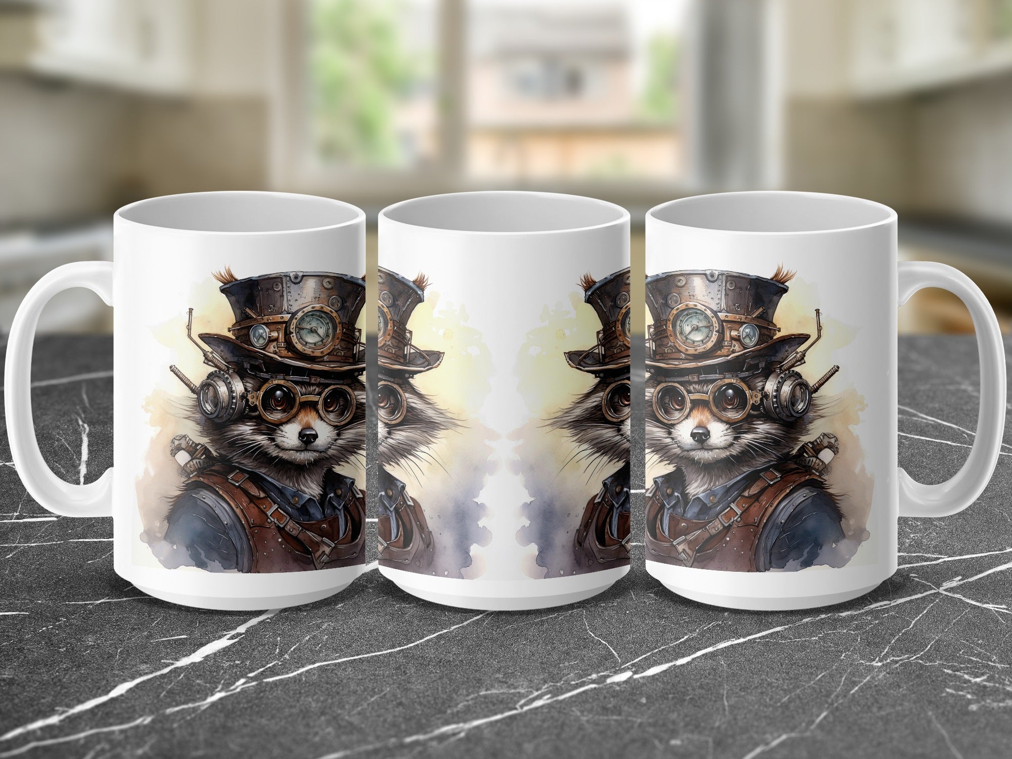 Three white mugs featuring a steampunk raccoon character in a hat and goggles.