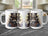 Three white mugs featuring a steampunk raccoon character in a hat and goggles.