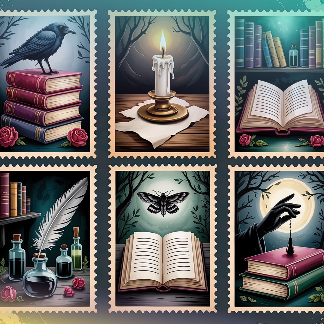 Six postage stamps featuring a raven, candle, books, quill, moth, and hand.