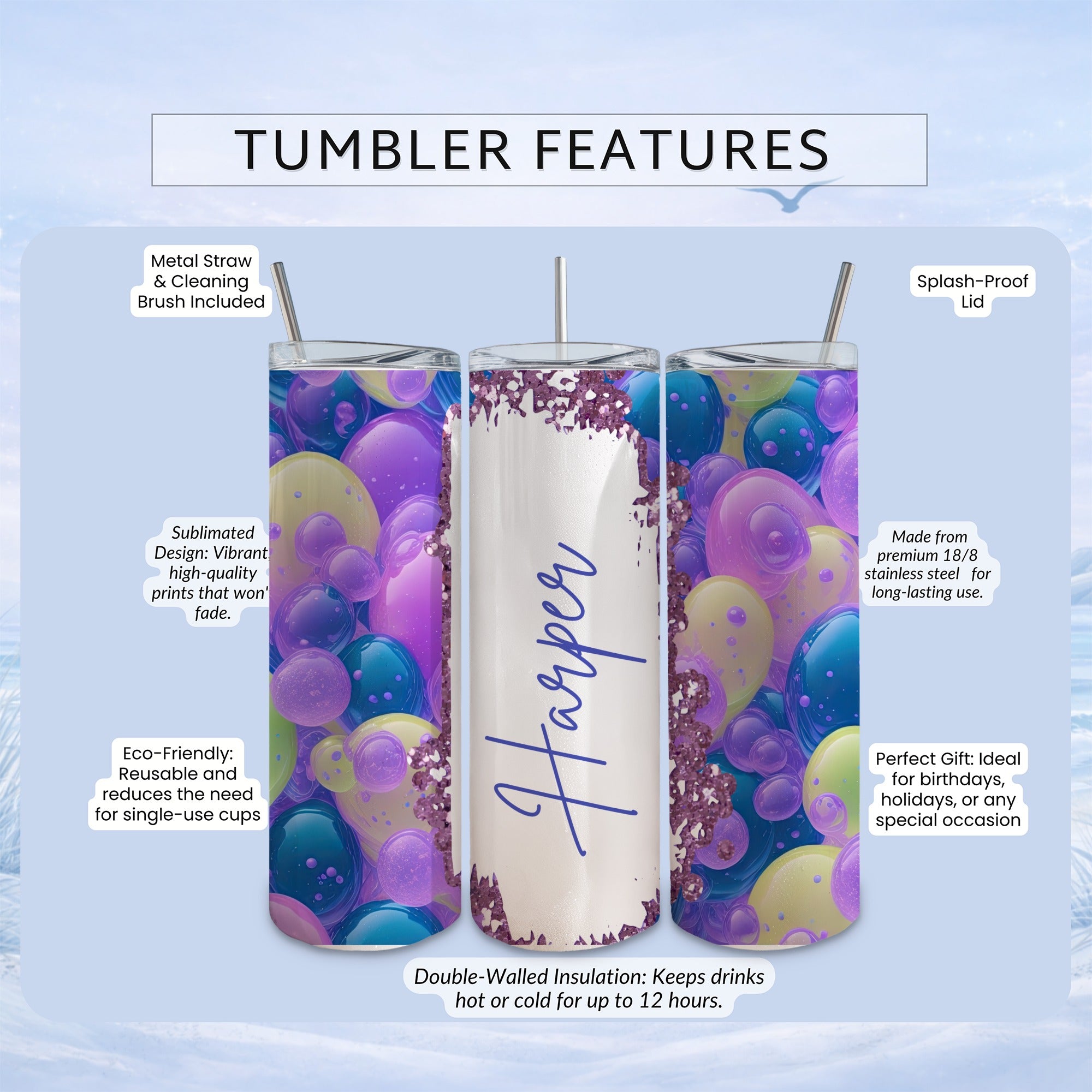 White tumbler with "Harper" in script, surrounded by colorful balloons and glitter.