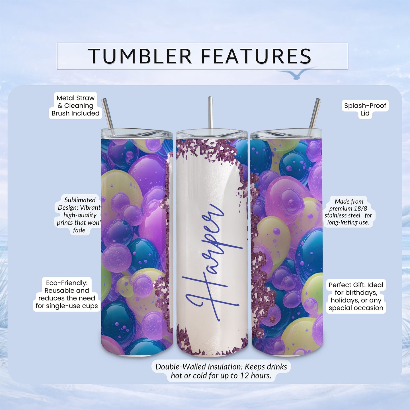 White tumbler with "Harper" in script, surrounded by colorful balloons and glitter.
