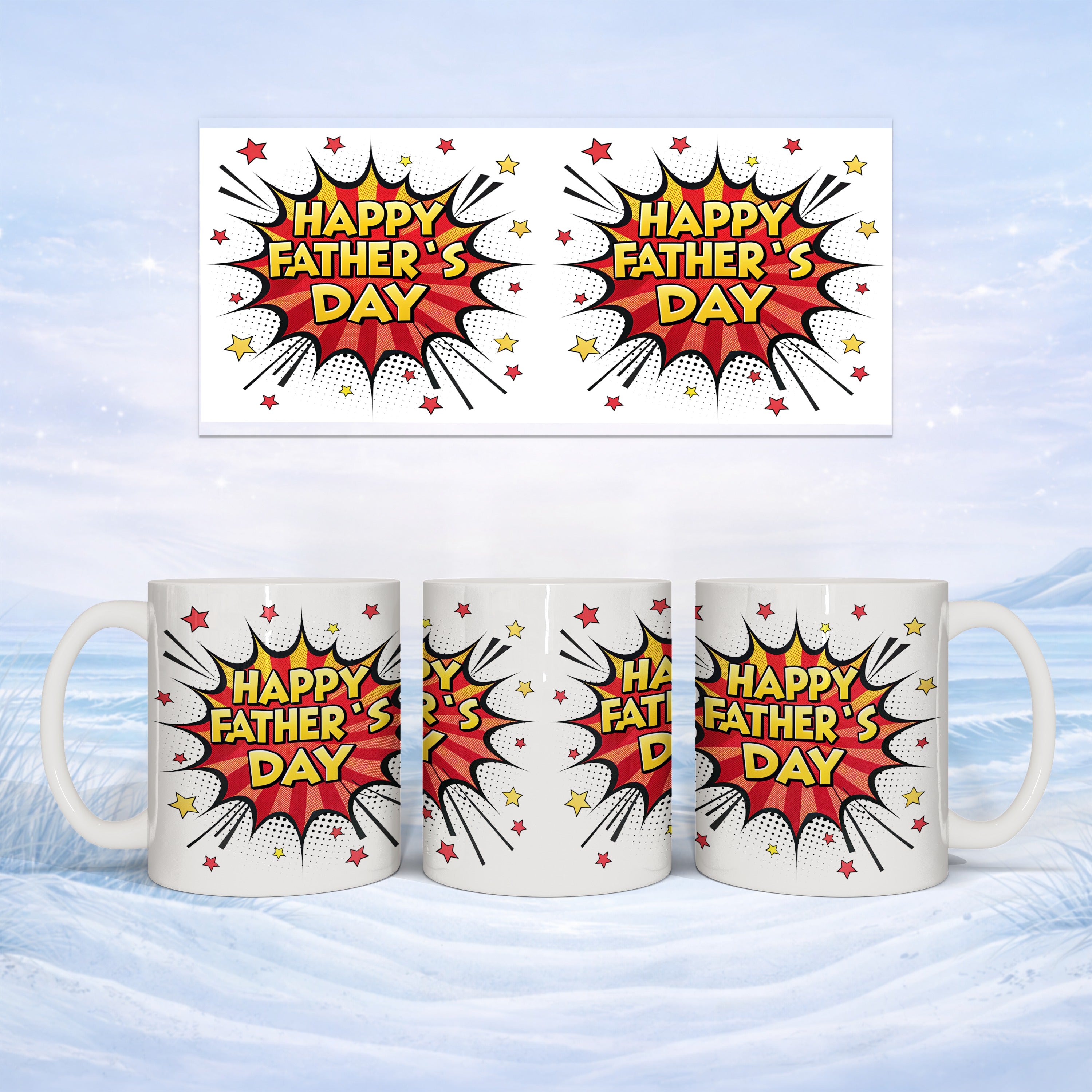 Three white mugs with "Happy Father's Day" in red and yellow on a snowy background.