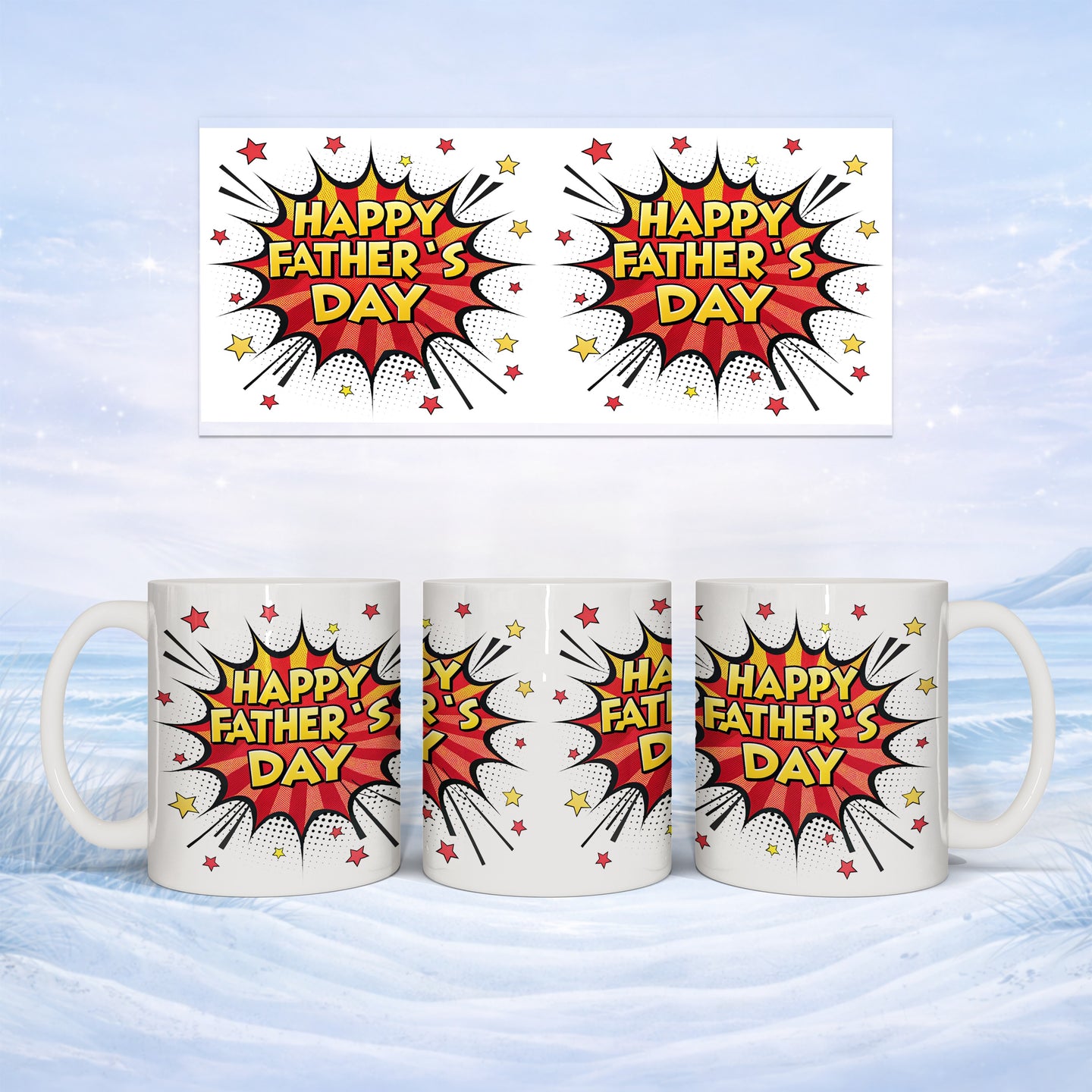 Three white mugs with "Happy Father's Day" in red and yellow on a snowy background.