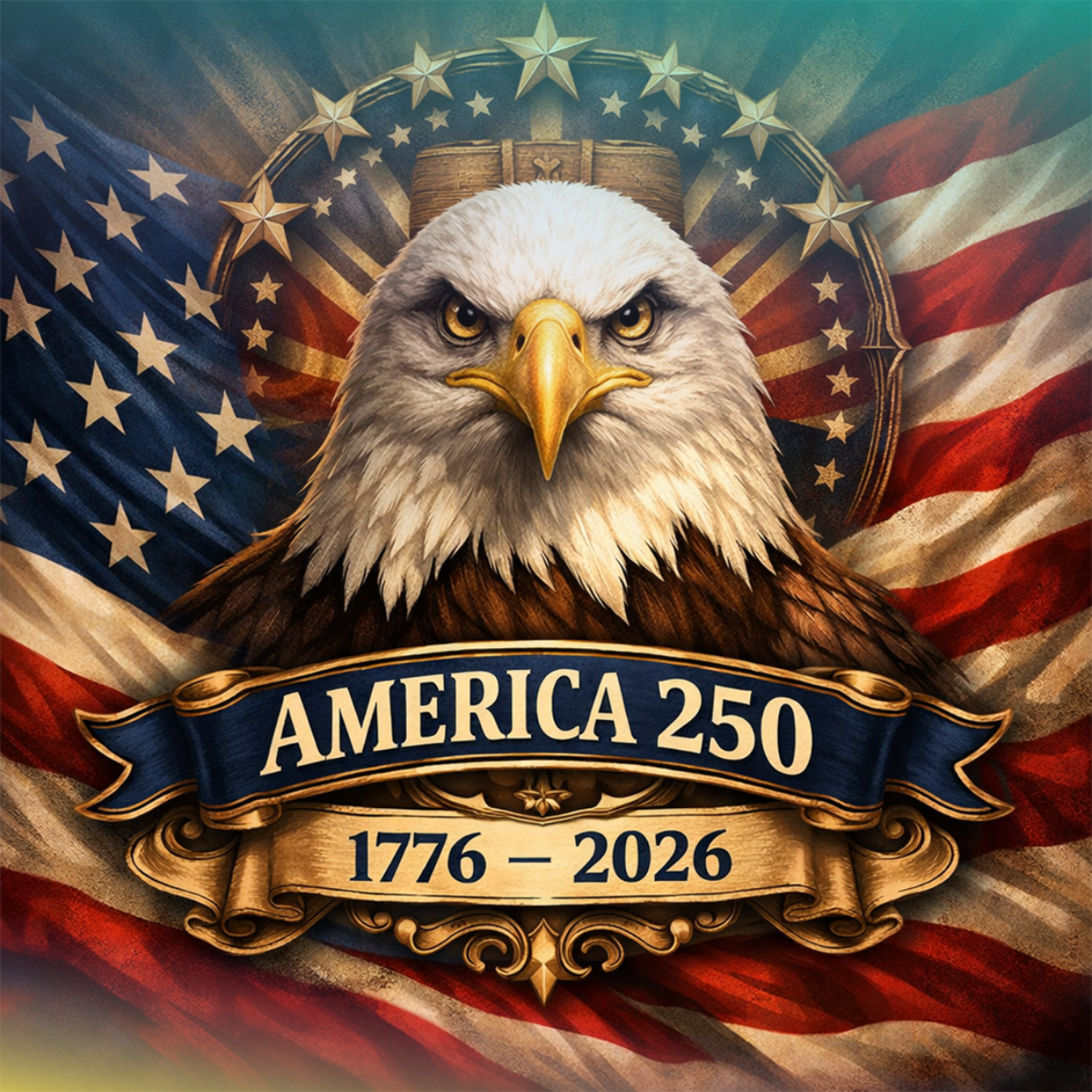 Eagle with "America 250" banner set against American flag.