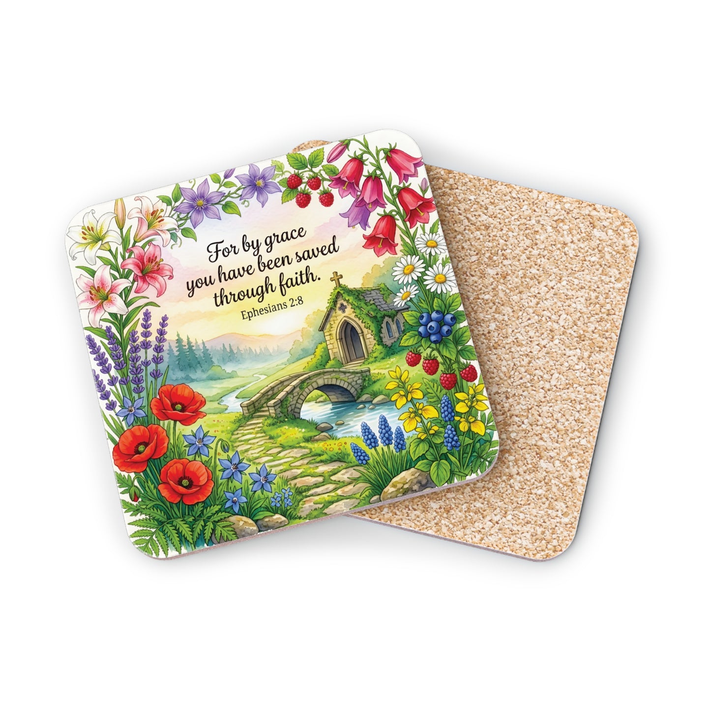Coaster with Ephesians 2:8 Bible verse and a picturesque landscape.
