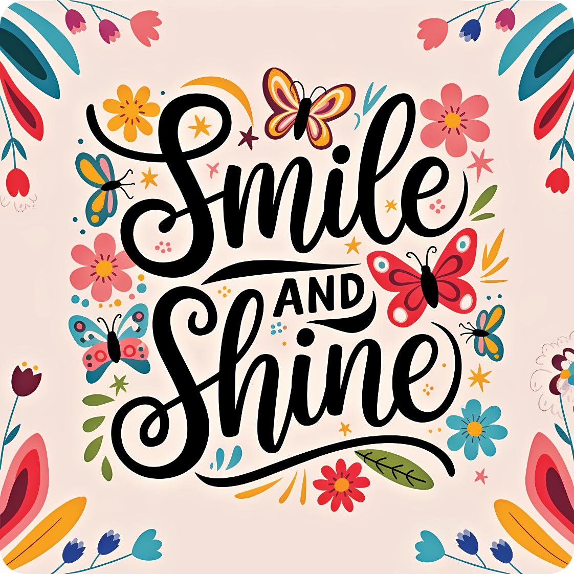 "Smile and Shine" text with butterflies and flowers design.