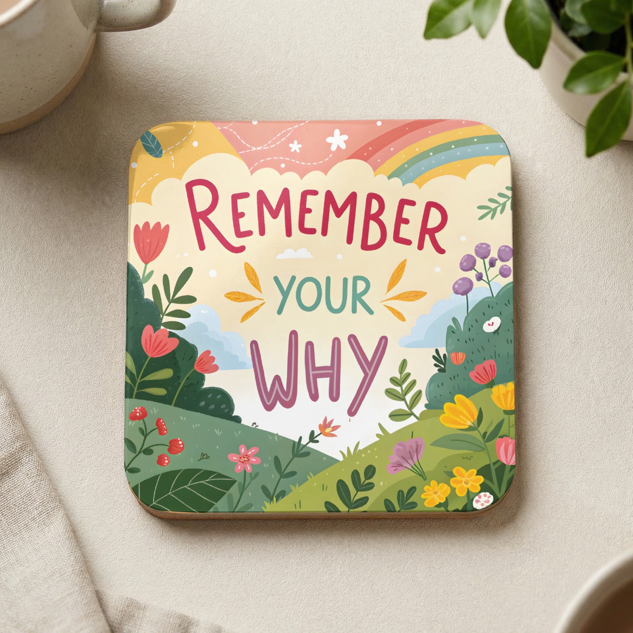 Coaster with "Remember Your Why" text and whimsical nature illustration.