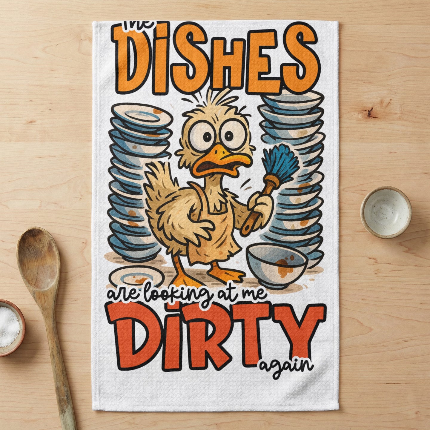 Cartoon duck holding brush with dirty dishes stacked behind.
