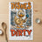 Cartoon duck holding brush with dirty dishes stacked behind.