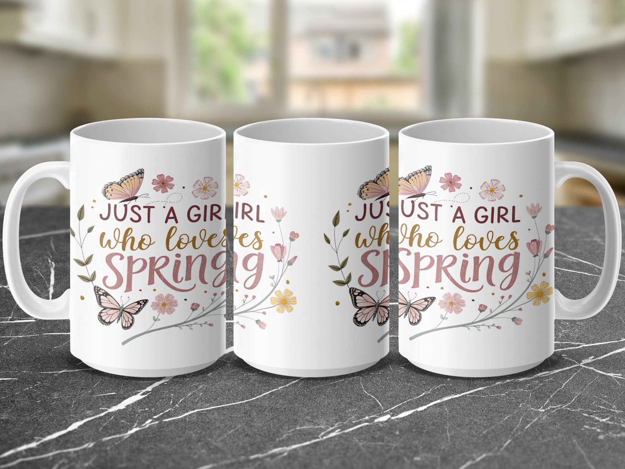 White mug with "Just a girl who loves Spring" and butterfly design.