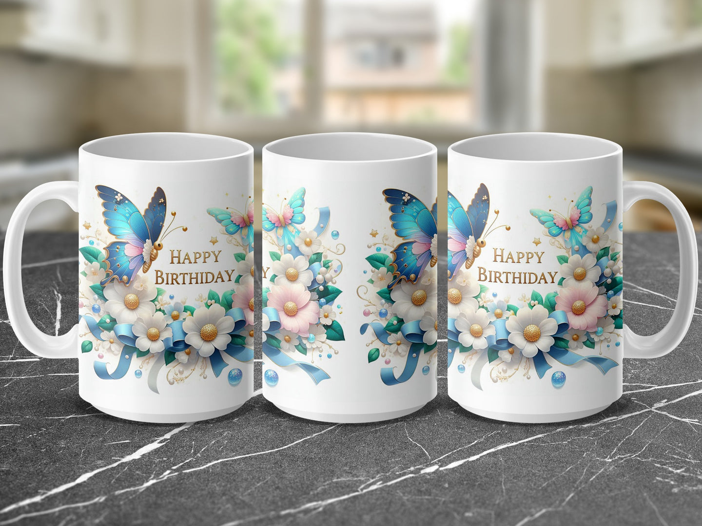 Three white mugs displaying "Happy Birthday" with butterflies and flowers.