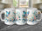 Three white mugs displaying "Happy Birthday" with butterflies and flowers.