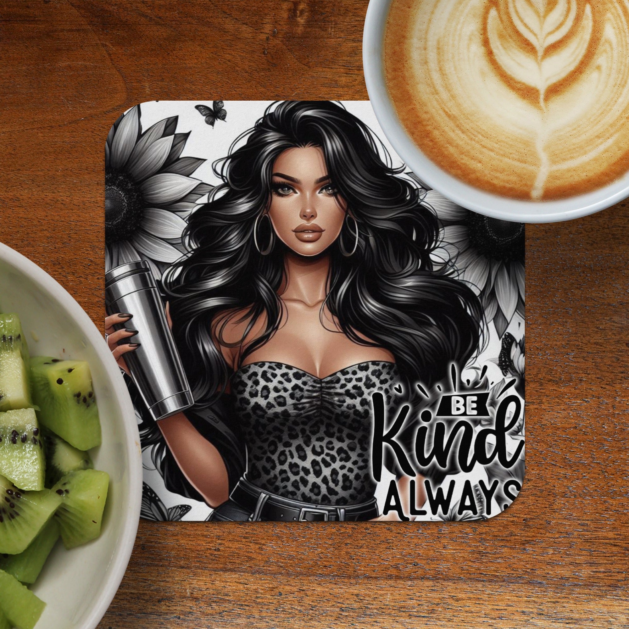 Woman with leopard print top holding a shaker, "Be Kind Always" text.