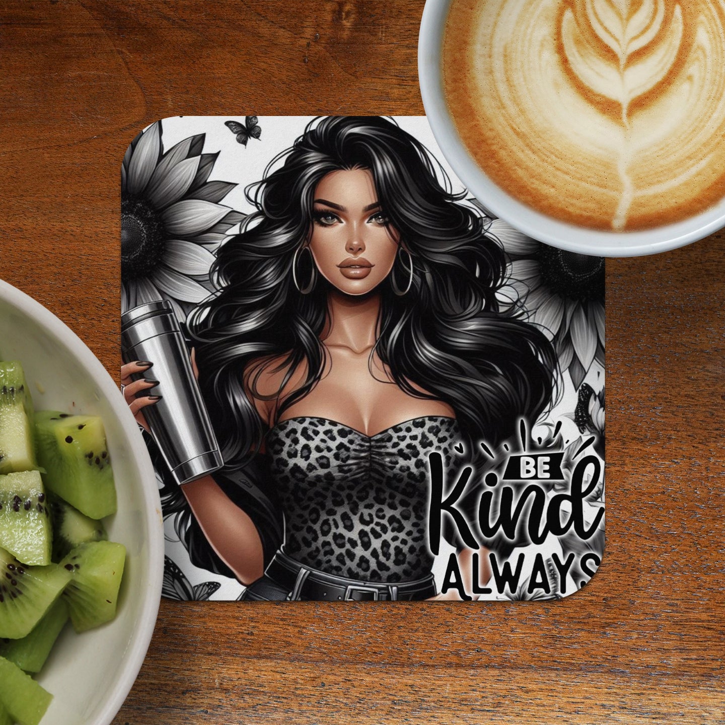 Woman with leopard print top holding a shaker, "Be Kind Always" text.