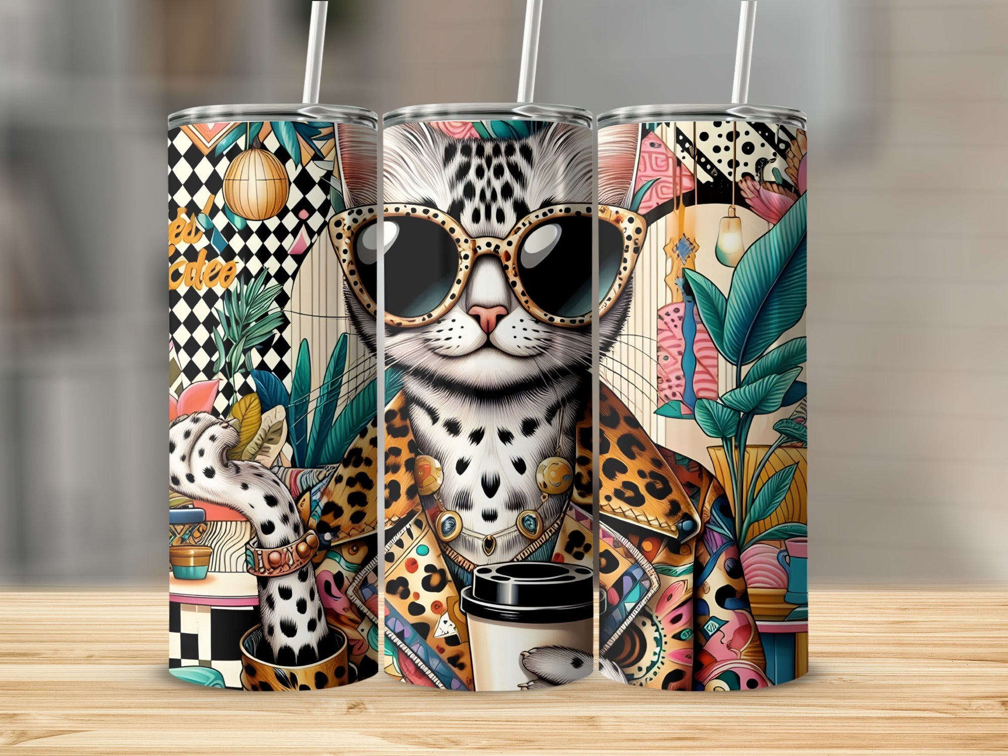Leopard cat wearing sunglasses and holding coffee cup, with abstract background.