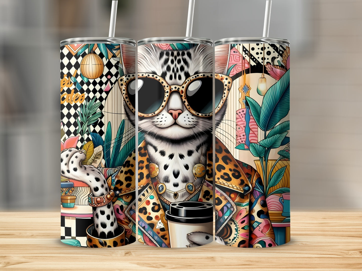 Leopard cat wearing sunglasses and holding coffee cup, with abstract background.