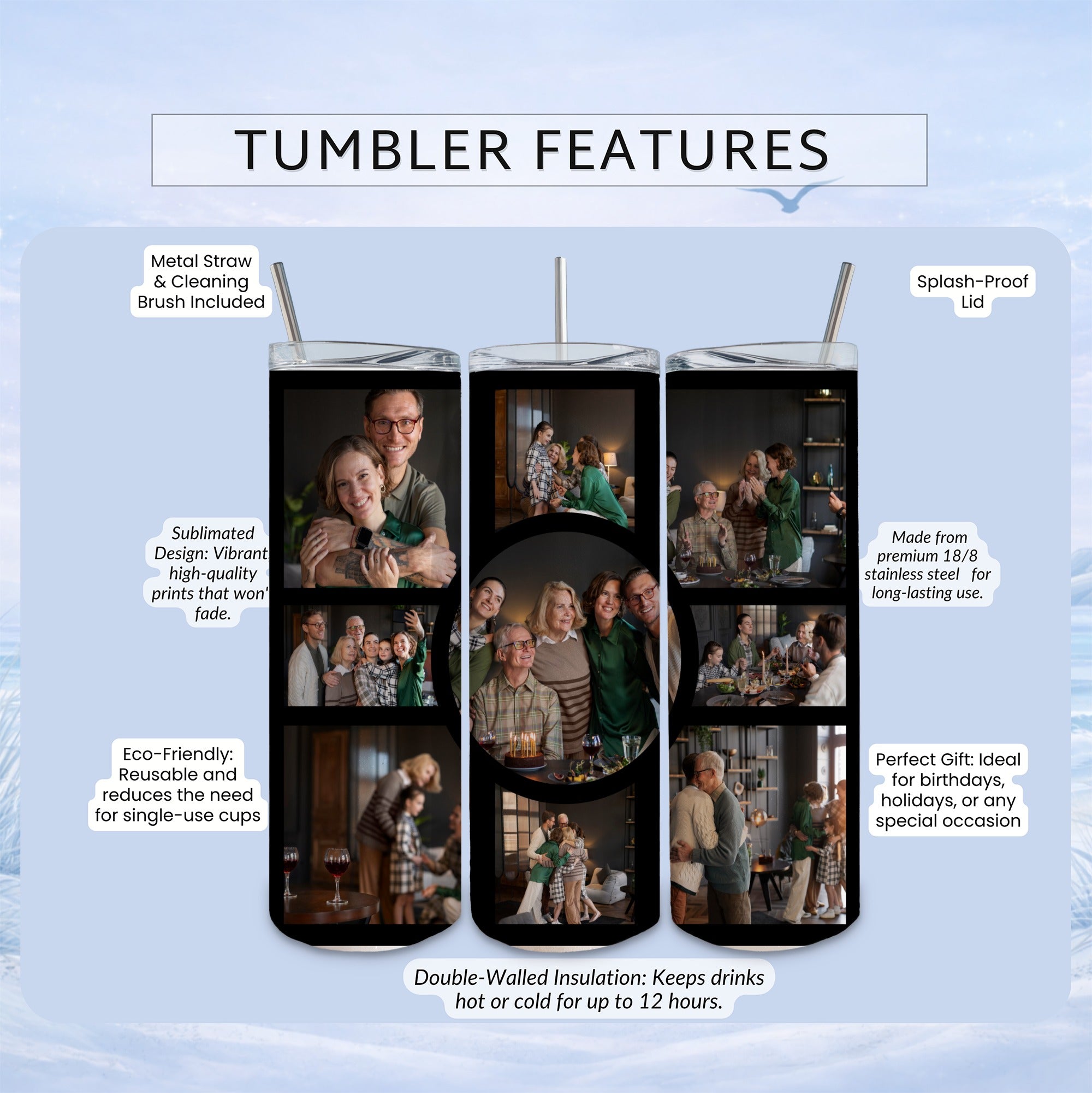 Collage of family photos on a stainless steel tumbler with product features.