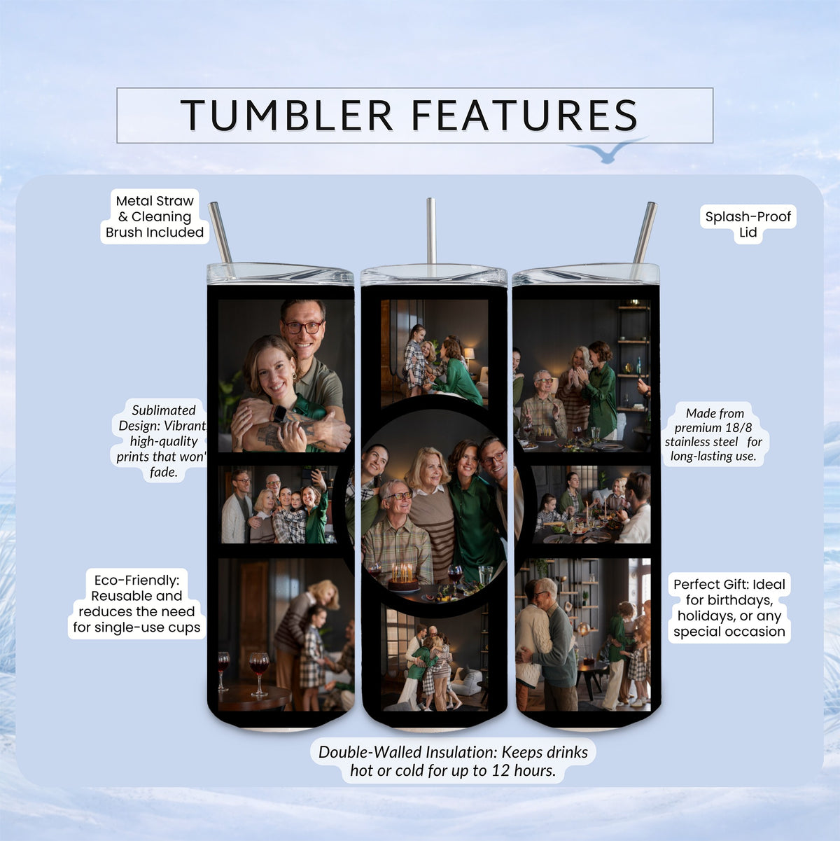 Collage of family photos on a stainless steel tumbler with product features.