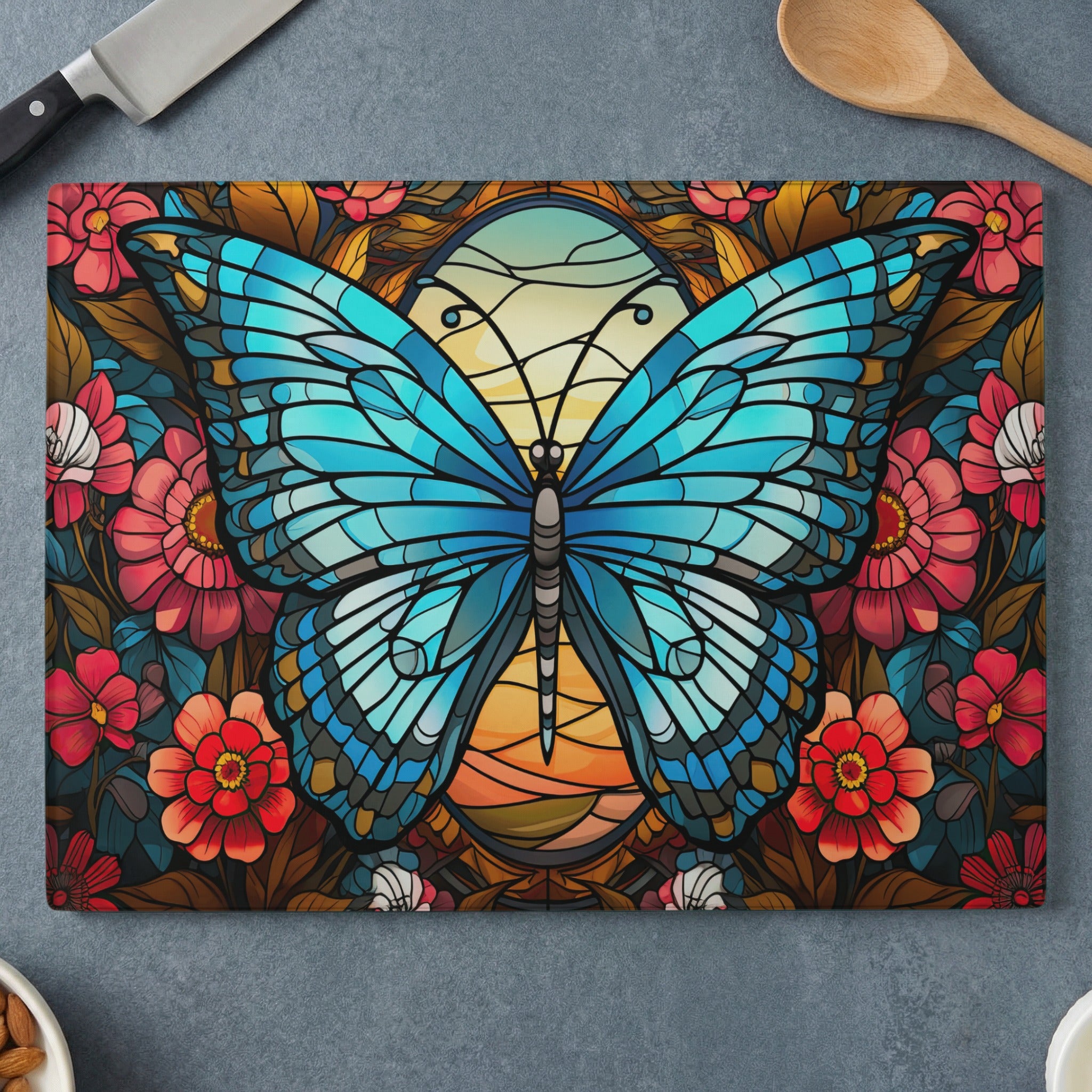 Glass cutting board with a blue stained glass butterfly and floral design.