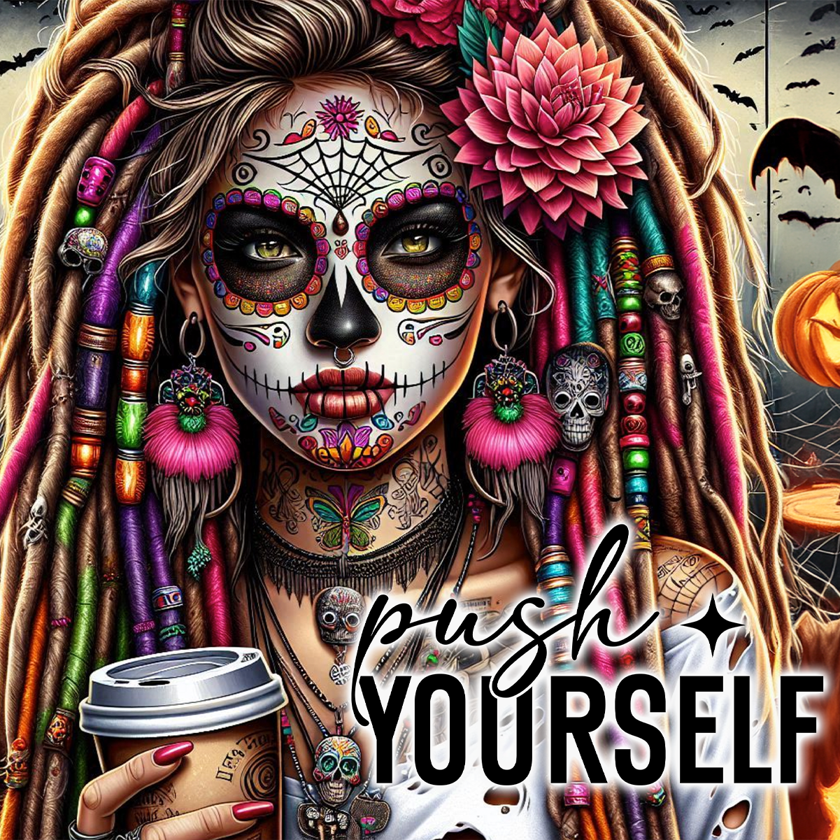 Woman with colorful sugar skull makeup and dreadlocks holding a coffee cup, text "push yourself".