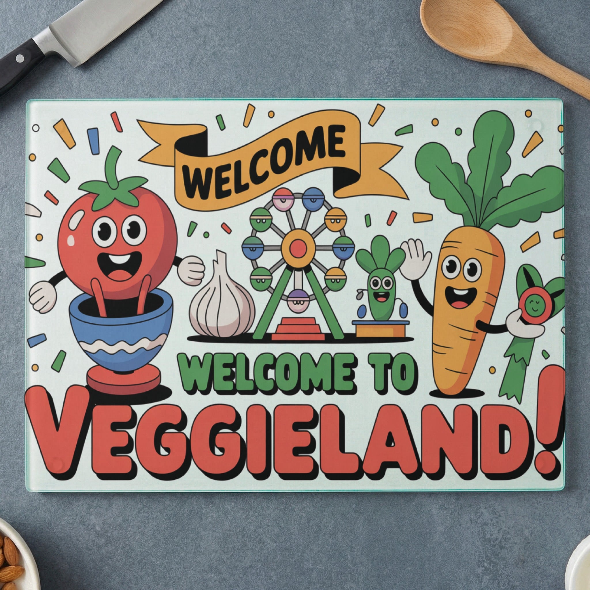 Welcome to Veggieland sign with cartoon tomato and carrot characters, Ferris wheel.