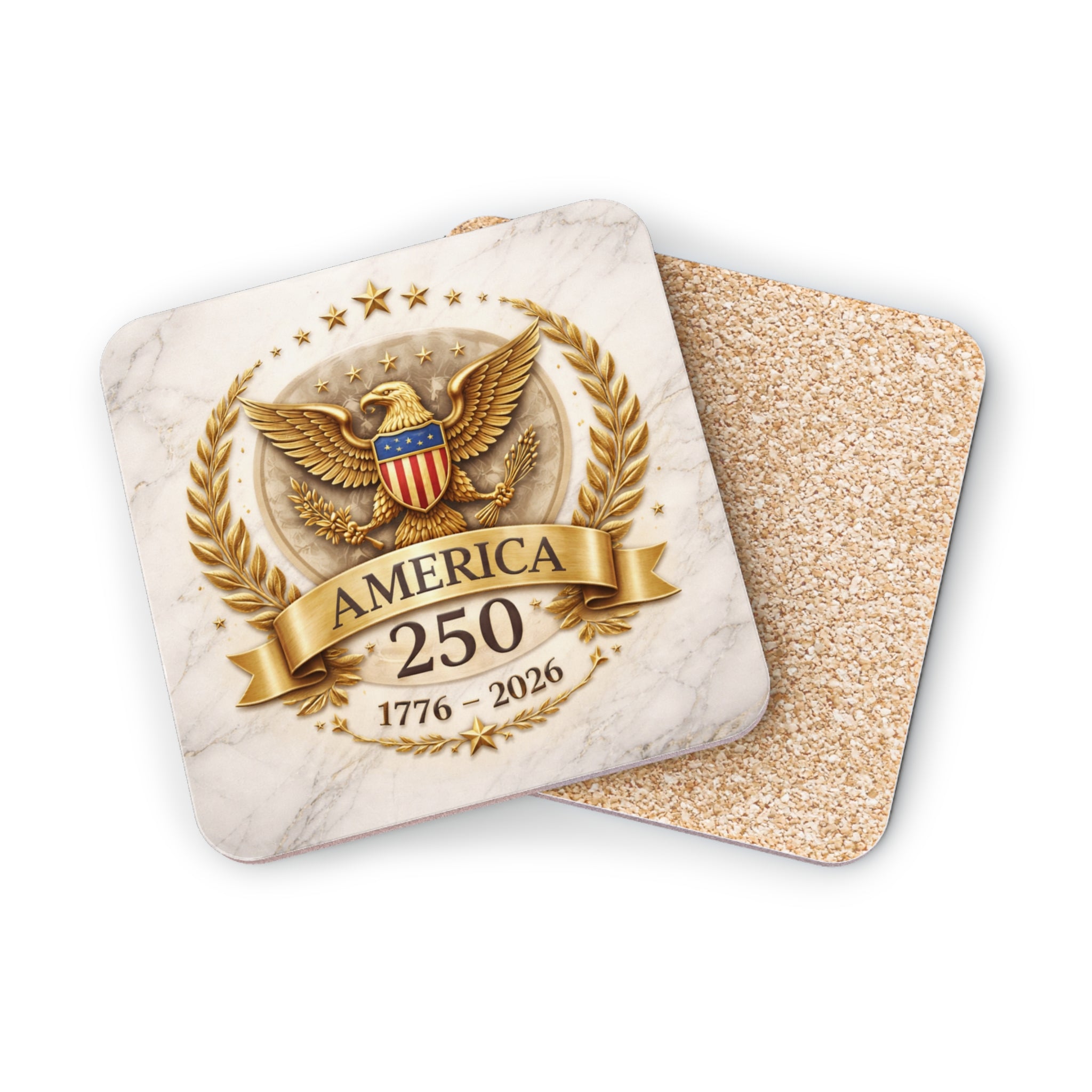 Coaster with "America 250" text, eagle, and laurel wreath on marble.